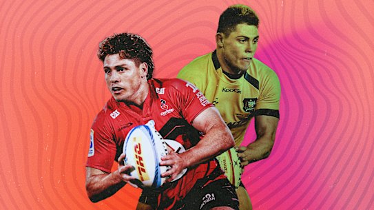 James O’Connor in Crusaders colours, and playing for the Wallabies (right) against the Lions in 2013.