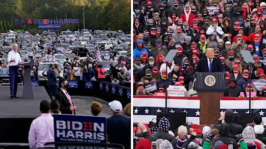 Democratic presidential candidate Joe Biden steps to the podium at his drive-in rally in Atlanta; Donald Trump speaks during a rally in Lansing, Michigan. 