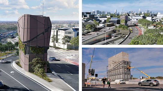 A high quality render of the Westconnex exhaust stack and, bottom right, the smoke stack under construction.