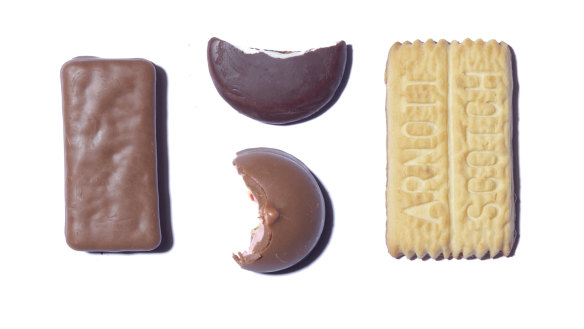 The four semi-finalists in the Good Food Arnott’s chocolate biscuit battle. From left: Tim Tam, Mint Slice (top), Royal, Chocolate Scotch Finger.