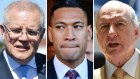 Scott Morrison, Israel Folau, Alan Jones. Photo: SMH/The Age