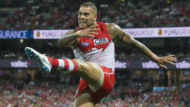 Bright spot: Lance Franklin kicks a goal against the Crows.