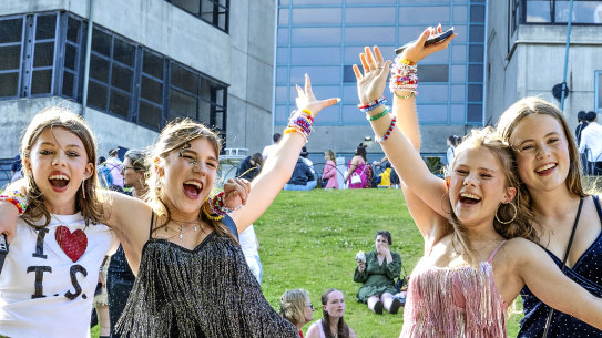 Audrey Dwyer, 14, Frances Ardley, 14, May Ardley, 16, and Meredith Whitaker, 16, are all from Yarraville and all  outside the MCG before seeing their first Taylor Swift show. 