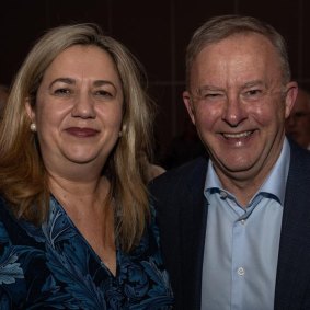 Prime Minister Anthony Albanese with Premier Annastacia Palaszczuk at Saturday’s Queensland Labor state conference.