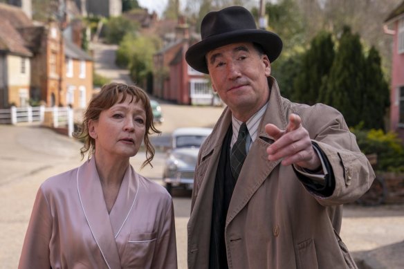Lesley Manville and Tim McMullan in <i>Magpie Murders</i>, a whodunit-within-a-whodunit based on the novel by Anthony Horowitz.