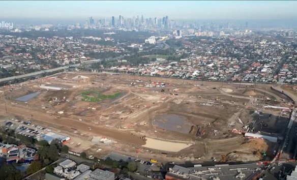 An aerial view of construction work at Moonee Valley racecourse.