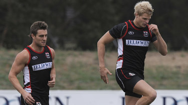 Sam Fisher and Nick Riewoldt at St Kilda training during their playing days. Photo: Sebastian Costanzo