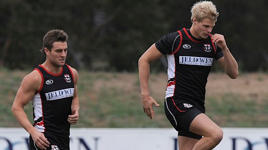 Sam Fisher and Nick Riewoldt at St Kilda training during their playing days. Photo: Sebastian Costanzo