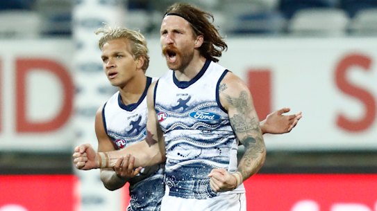 Zach Tuohy of the Cats celebrates a goal during the round 21 AFL match between Geelong Cats and Greater Western Sydney Giants.