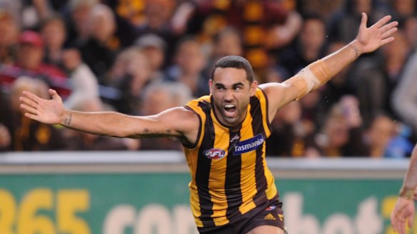 Shaun Burgoyne celebrates a goal in the 2013 preliminary final against Geelong. That year was the first of a three-peat of flags for the Hawks.