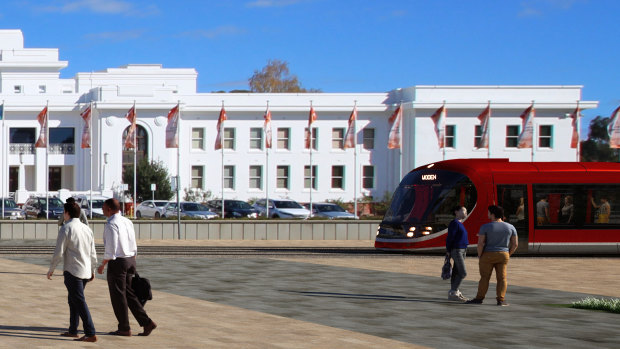 An artist's impression of the tram in front of Old Parliament House. 