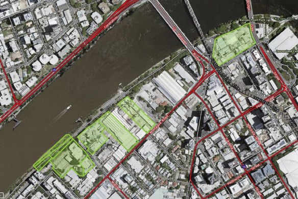 A government map showing contaminated land in the Kurilpa precinct, recently earmarked for more high-rise unit towers.