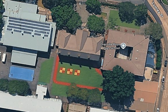 An aerial shot of synthetic turf at Granville Boys High School. 