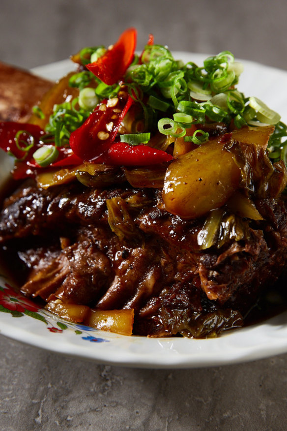 Caramelised beef short rib with pickled mustard greens.