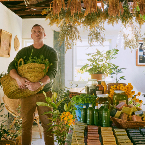 Christiansen at his three-hectare urban farm in north-eastern LA, where he works on the bath and body product line he started producing during lockdown.