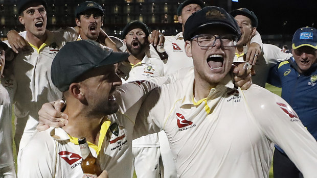 Overstepping the mark: Steve Smith seemingly mocks Jack Leach during Australia's celebrations at Old Trafford.