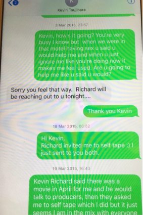 A text message exchange between Charlotte Kirk and Kevin Tsujihara in March 2015.
