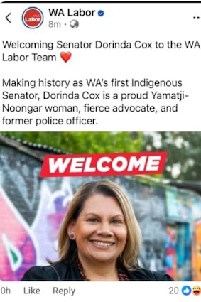 A now deleted Facebook post from WA Labor welcoming Dorinda Cox to the party and mistakenly referring to her as the first indigenous WA Senator.