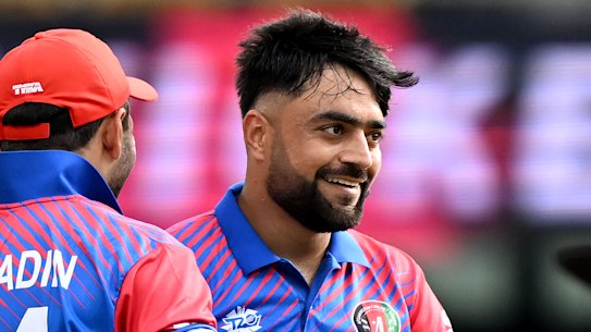 Rashid Khan celebrates tafter dismissing  Sri Lanka’s Kusal Mendis.
