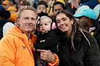 Carter Gordon and partner Abbey with their baby.
