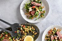 Gently spiced lamb and a herb-strewn grain salad make a healthy and satisfying meal.