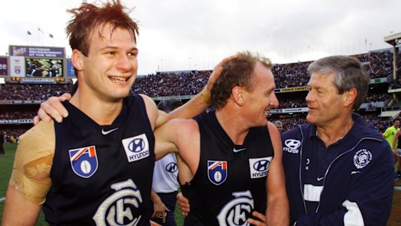 Aaron Hamill in his Carlton playing days alongside Craig Bradley and former Blues coach David Parkin.