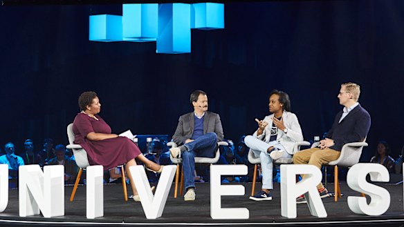 A roundtable at the GitHub Universe event. From left: Github director of social impact Admas Kanyagia; Miller Able from the Bill and Melinda Gates Foundation; Tiffani Ashley Bell of the Human Unity Project, and; Julius Sweetland of Optikey.