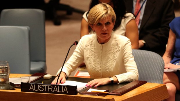 Then foreign minister Julie Bishop delivering a statement to the UN Security Council in New York in 2015. A vote for a resolution on the downing of MH17 was vetoed by Russia.