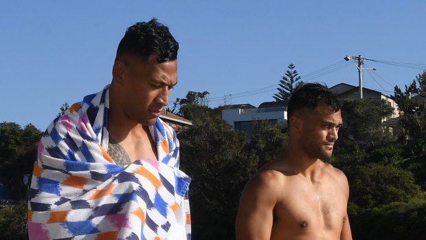 Touching base: Karmichael Hunt (right) has been checking in with Israel Folau.