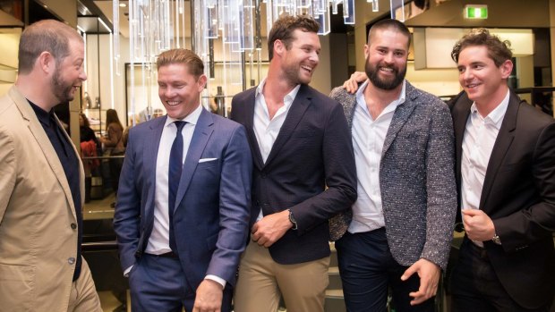 (L-R) Matthew Keighran, Damien Thomlinson, Lucas Handley, Michael Harry and Vincent Fantauzzo at the Hugo Boss and Executive Style magazine's night of fashion, whiskey and discussion at the German brand's King Street store,