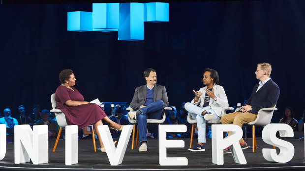 A roundtable at the GitHub Universe event. From left: Github director of social impact Admas Kanyagia; Miller Able from the Bill and Melinda Gates Foundation; Tiffani Ashley Bell of the Human Unity Project, and; Julius Sweetland of Optikey.