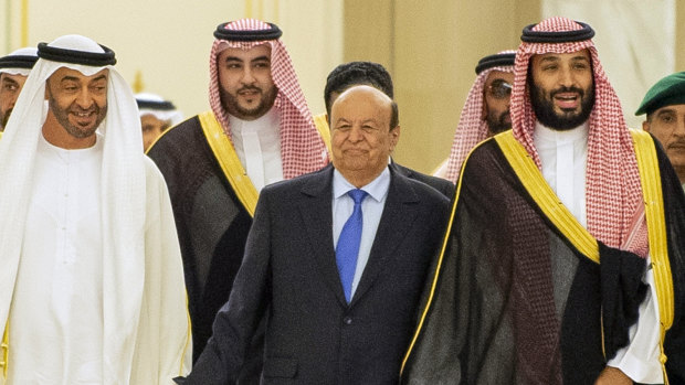 Yemen's President Abed Rabbo Mansour Hadi, centre, with Saudi Arabia's Crown Prince Mohammed bin Salman, right, and Abu Dhabi's Crown Prince Mohammed bin Zayed, left, before signing a power-sharing deal in Riyadh, Saudi Arabia.