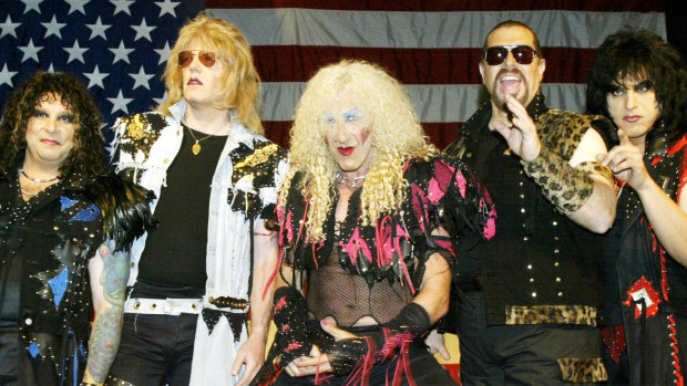 Members of metal band Twisted Sister, A.J. Pero, J.J. French, Dee Snider, Mark Mendoza, and Eddie Ojeda.