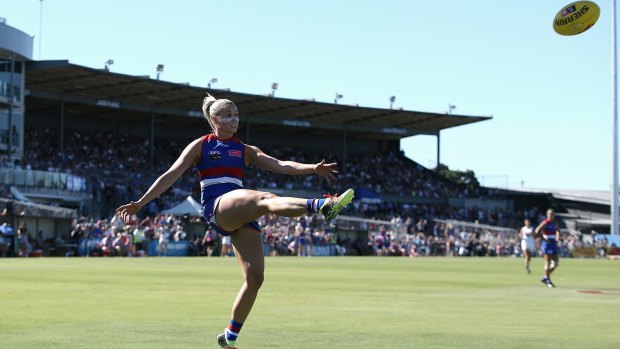 Sharp shooter: Katie Brennan kicks a goal for the Western Bulldogs.