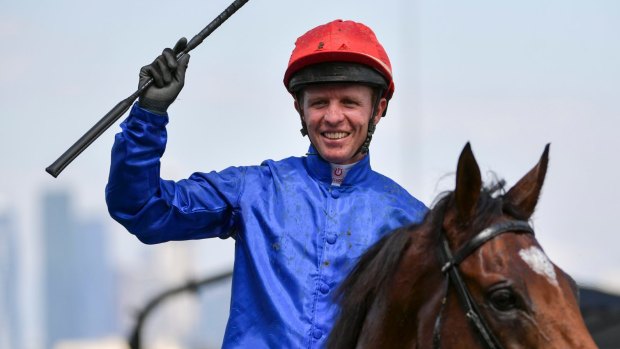 Melbourne Cup-winning jockey Kerrin McEvoy on Cross Counter at Flemington.