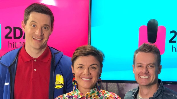 Em Rusciano, with 2DayFM co-hosts Ed Kavalee and Grant Denyer.