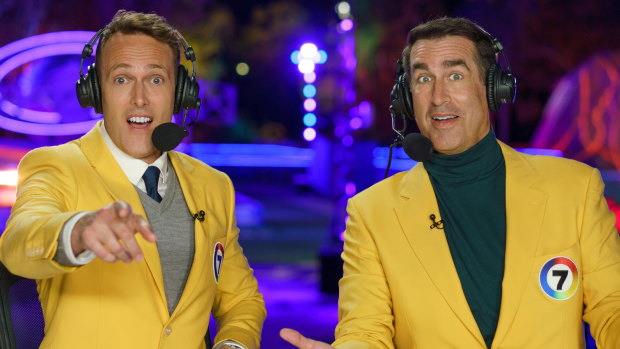 Matt Shirvington and Rob Riggle as sideline reporters in Holey Moley.