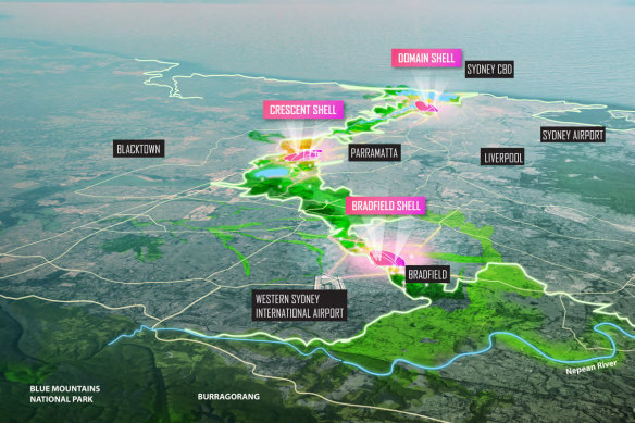 Under the Cedar Mill Group’s vision, three shells would be built, one in the Sydney CBD, one in Parramatta and one at the future city of Bradfield in the west.