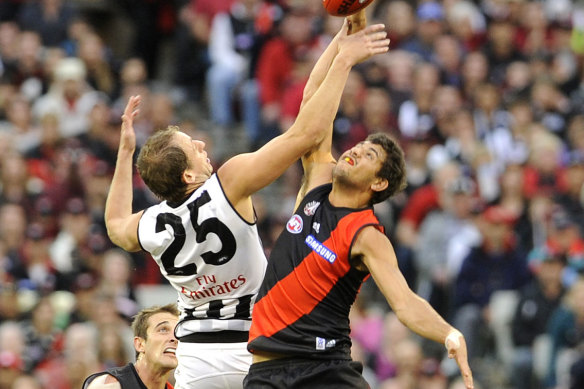 Paddy Ryder doing battle with Josh Fraser in the ruck in 2009.