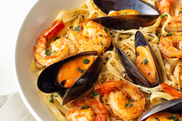 Food of the angels … Seafood pasta cooked in a bag.