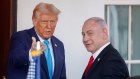 US President Donald Trump, left, greets Israel’s Prime Minister Benjamin Netanyahu.