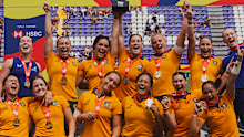 Australia's women's sevens team celebrate after beating the USA in the final of the Valladolid Sevens at Estadio Municipal Jose Zorrilla on May 31, 2026 in Valladolid, Spain. (Photo by Patricia J Garcinuno/Getty Images)