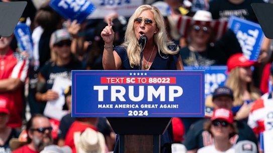 Representative Marjorie Taylor Greene speaks during a campaign event for Donald Trump in 2023.