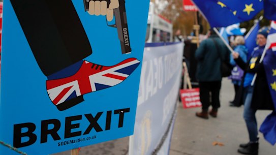 Protestors demonstrate opposite Parliament against Brexit.