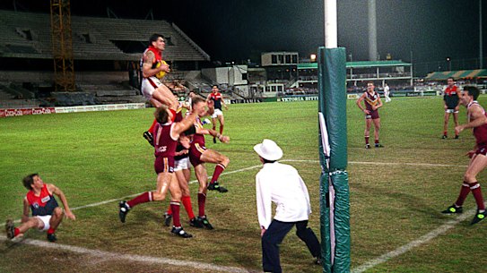Shaun Smith flew high above the pack to take a grab for Melbourne.