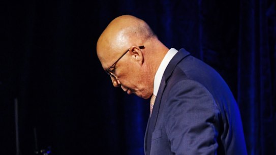 Opposition Leader Peter Dutton, leaves the stage after delivering his concession speech in Brisbane on Saturday night,