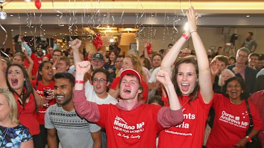 Labor Party supporters celebrate as they watch the results come in for the 2014 Victorian state election. 
