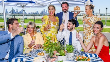 Melbourne Cup Carnival Ambassadors. From left: Tom Hawkins, Emma Hawkins, Diana Chan, Bruce Keebaugh, Christian Petracca, Crystal Kimber and Montana Cox.