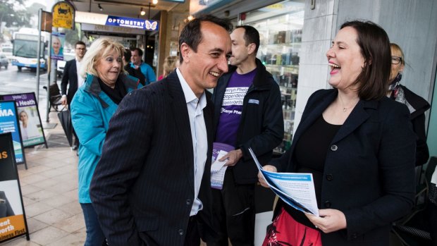 Liberal candidate for Wentworth Dave Sharma with Minister for Women Kelly O'Dwyer outside a polling booth in Rose Bay.