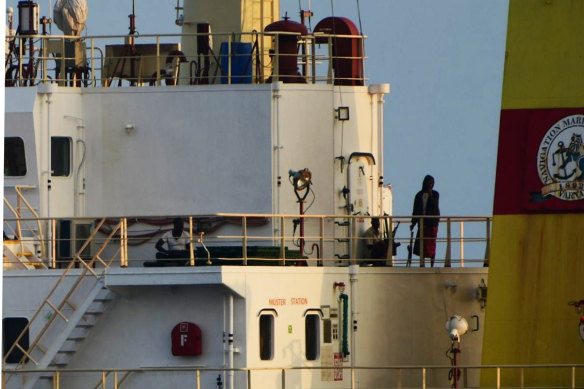 People on board the hijacked ship ex-MV Ruen on Saturday.